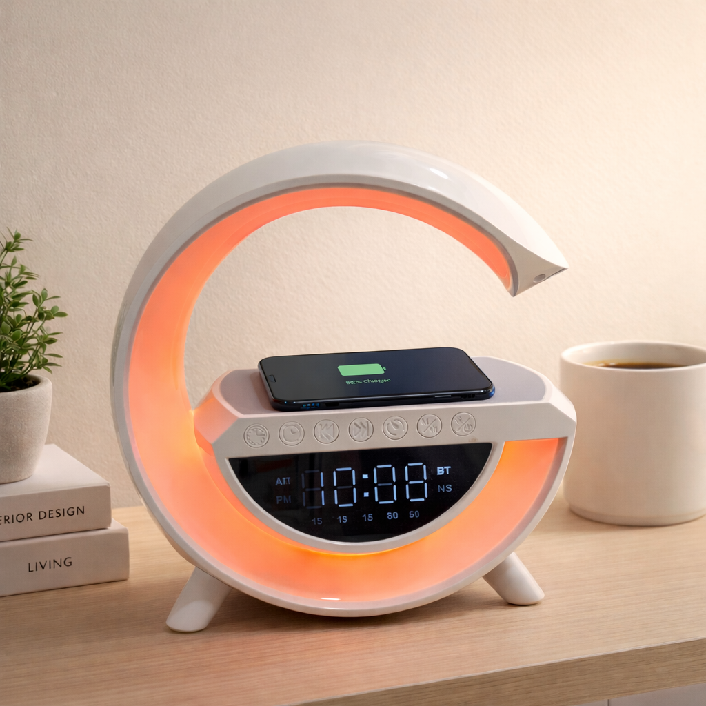 أباجورة ذكية متعددة الوظائف 5 في 1   Smart 5-in-1 LED Lamp with Alarm, Speaker & Wireless Charger