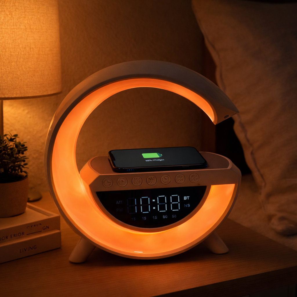 أباجورة ذكية متعددة الوظائف 5 في 1   Smart 5-in-1 LED Lamp with Alarm, Speaker & Wireless Charger