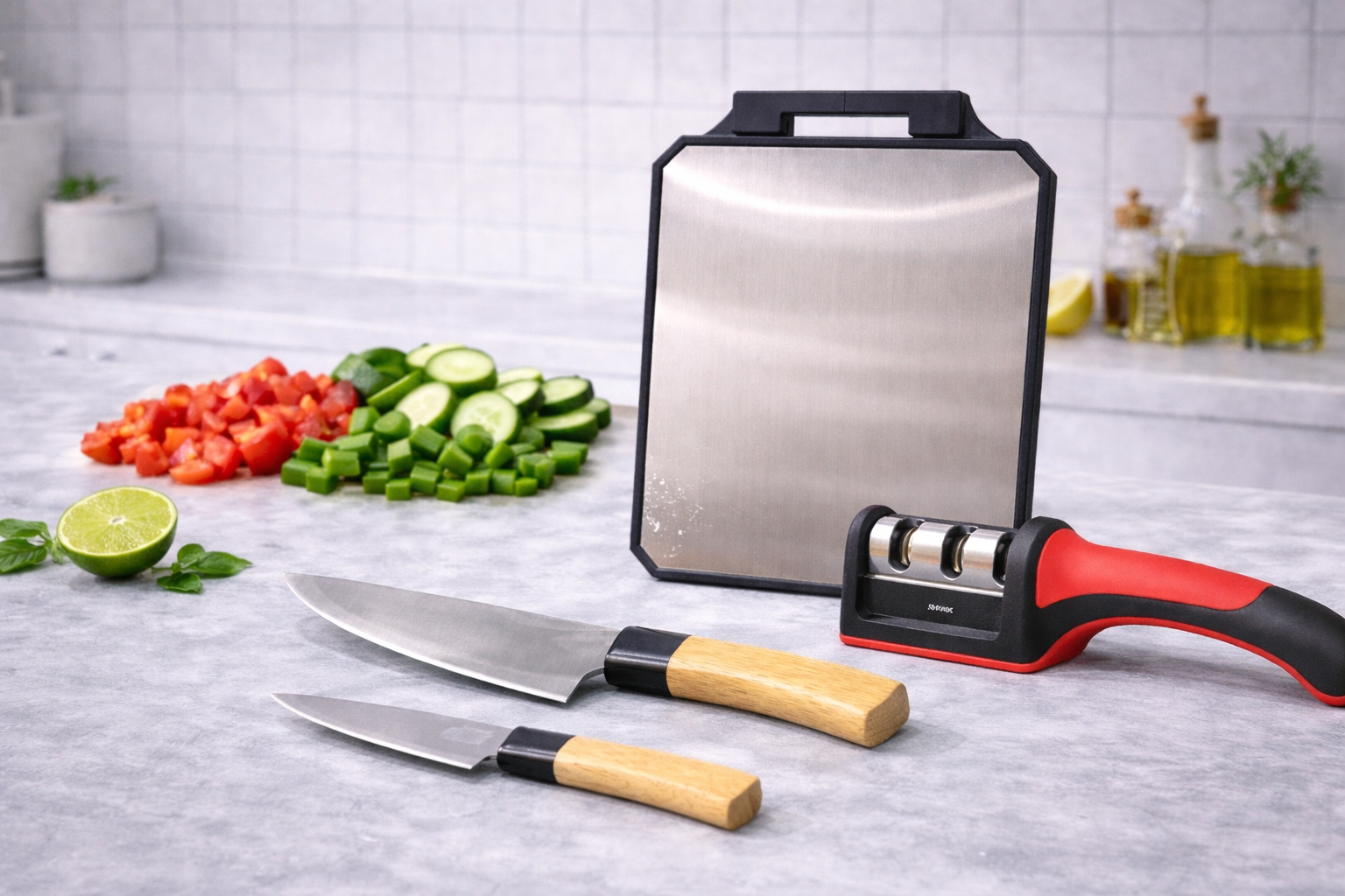 طقم مطبخ احترافي – سكينتين + مسن + بلانشة ستانلس Professional Kitchen Set – Knives + Sharpener + Stainless Cutting Board