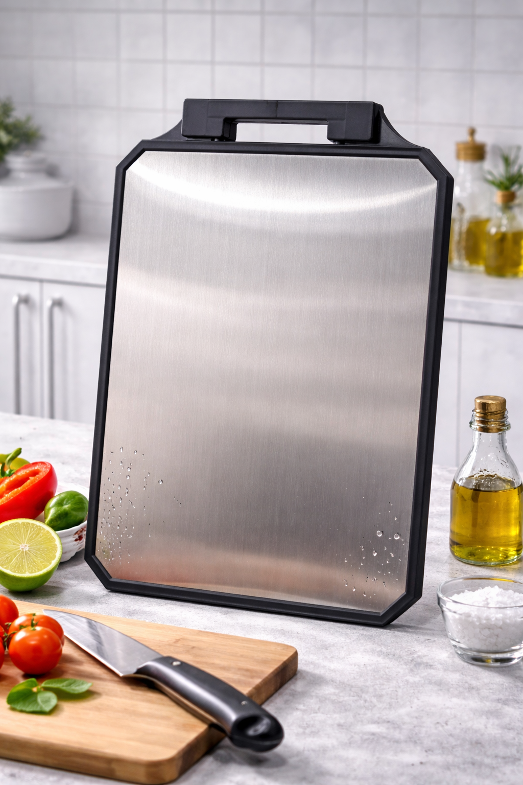 طقم مطبخ احترافي – سكينتين + مسن + بلانشة ستانلس Professional Kitchen Set – Knives + Sharpener + Stainless Cutting Board