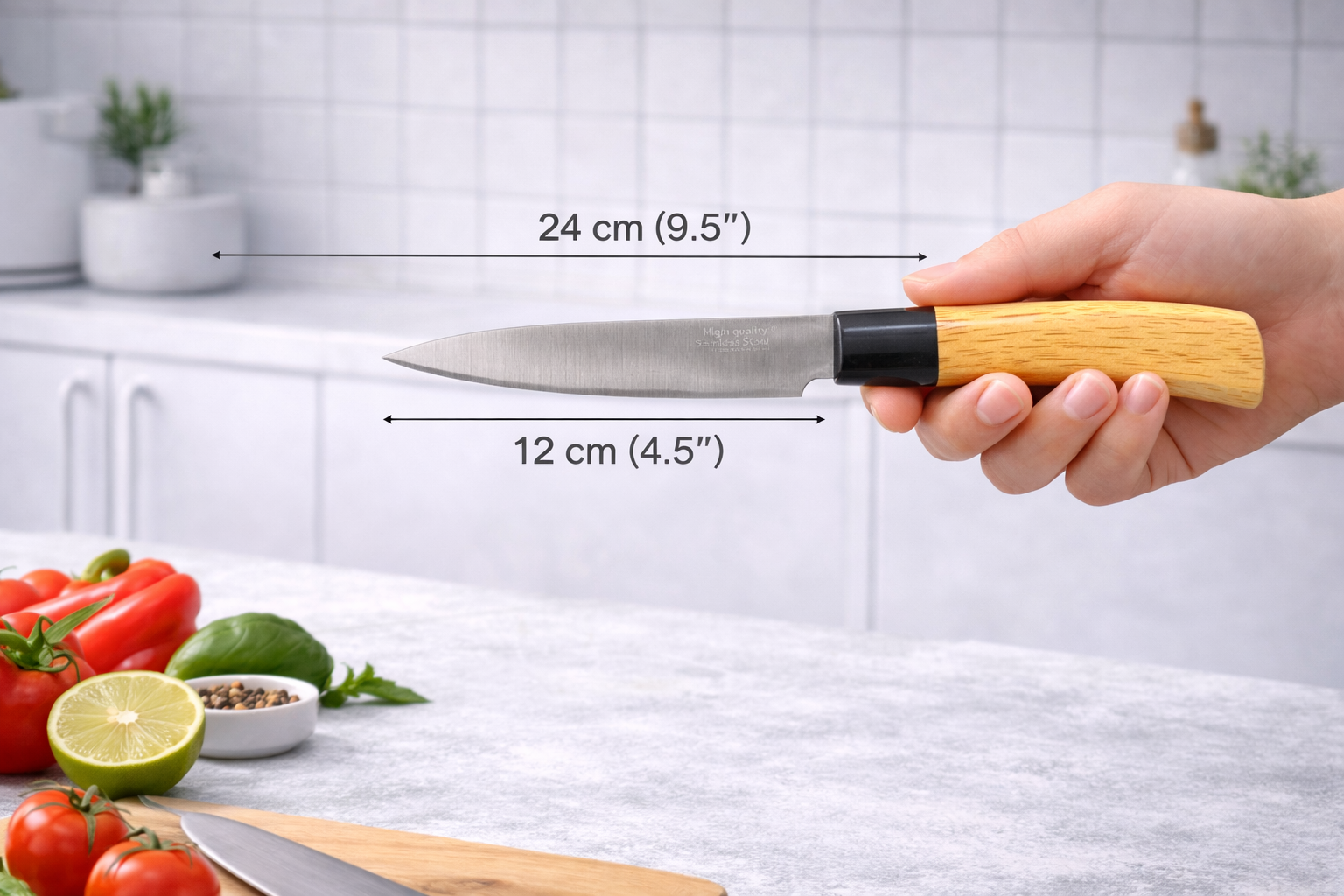 طقم مطبخ احترافي – سكينتين + مسن + بلانشة ستانلس Professional Kitchen Set – Knives + Sharpener + Stainless Cutting Board