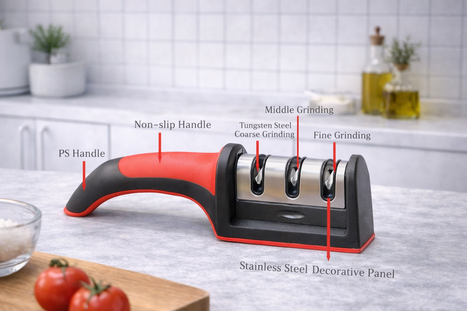 طقم مطبخ احترافي – سكينتين + مسن + بلانشة ستانلس Professional Kitchen Set – Knives + Sharpener + Stainless Cutting Board
