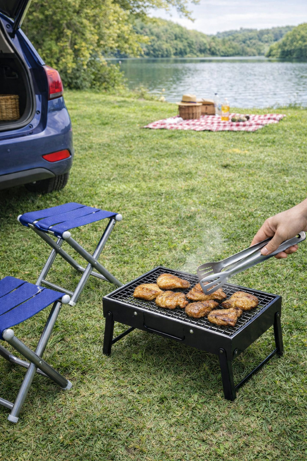طقم شواء محمول قابل للطي مع كرسيين وماسك ستانلس | Portable Folding BBQ Set with 2 Chairs & Tongs